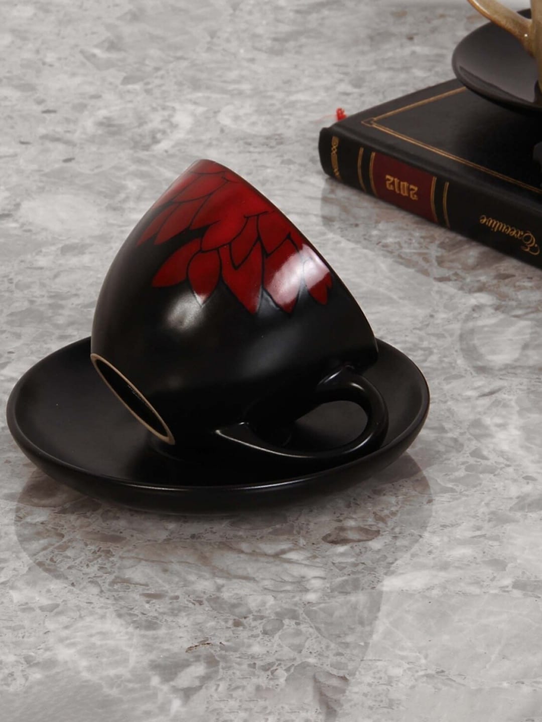 Home Centre Black & Maroon Floral Printed Stoneware Glossy Cup & Saucer 235ml Price in India