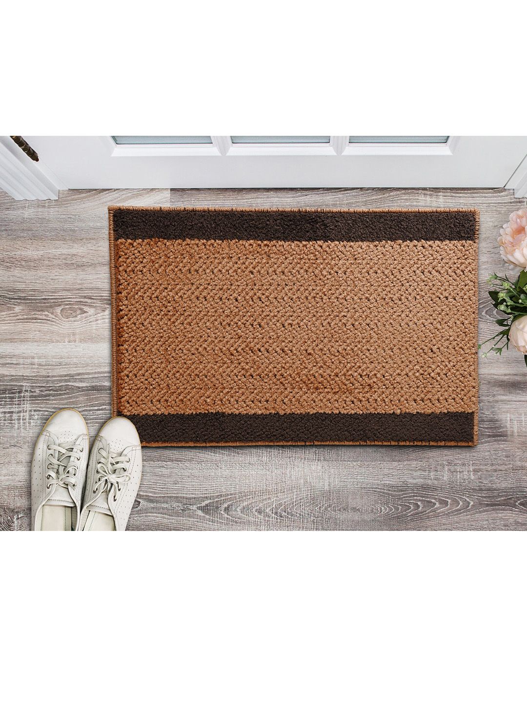 Saral Home Beige Striped Printed Cotton Anti Slip Doormats