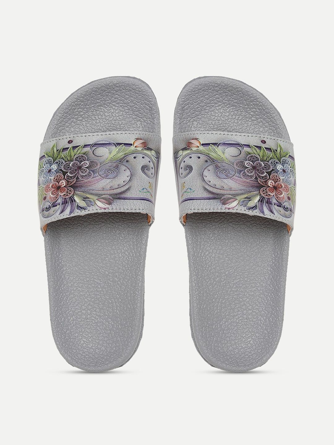 FREECO Women Grey & Green Printed Sliders Price in India