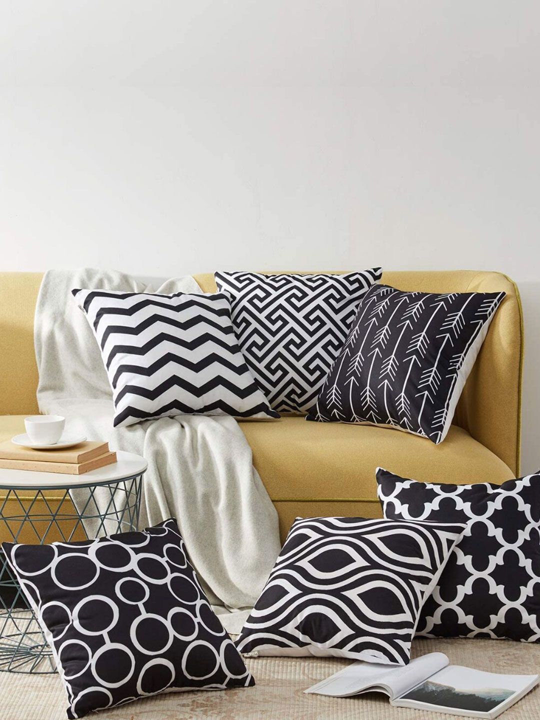 MODERN HOMES Black & White Set of 6 Geometric Square Cushion Covers Price in India