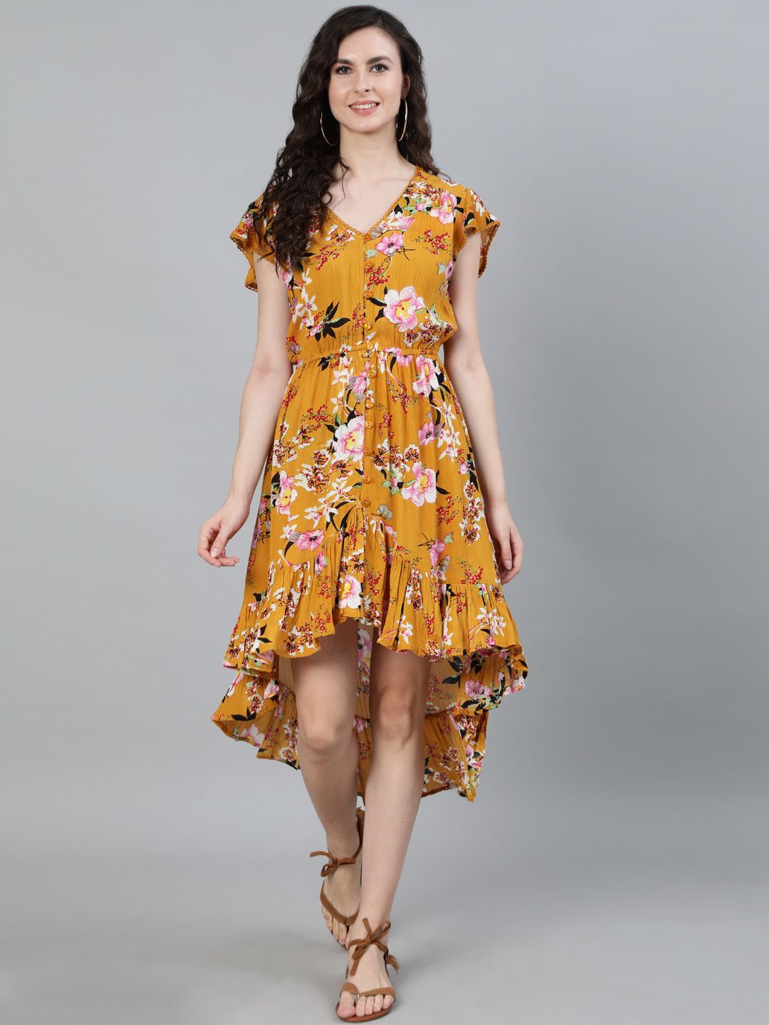 Ishin Mustard Floral Georgette High to Low Flare Hem Line Price in India