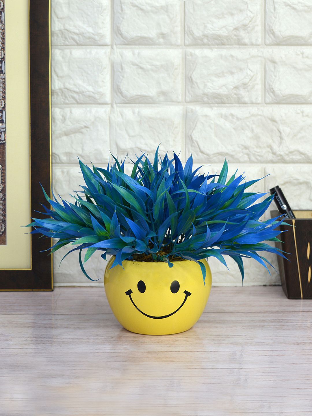 fancy mart Teal Blue & Yellow Artificial Bamboo Grass in Smiley Metal Pot Price in India