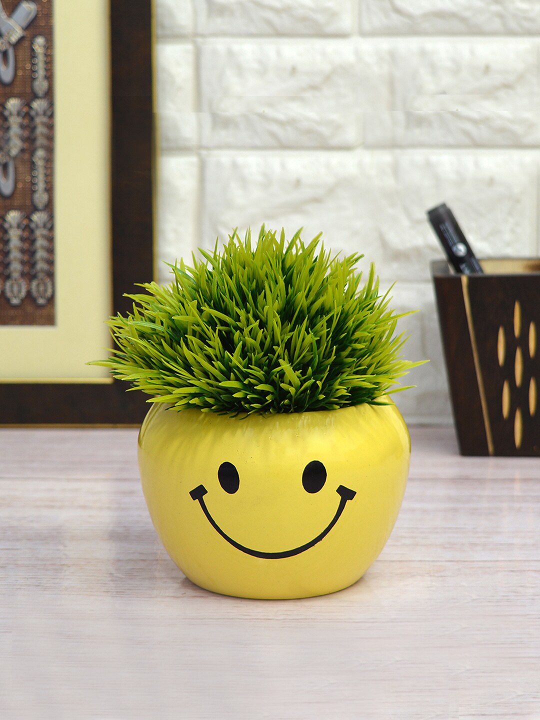 fancy mart Green & Yellow Artificial Grass Topiary With Smiley Pot Price in India