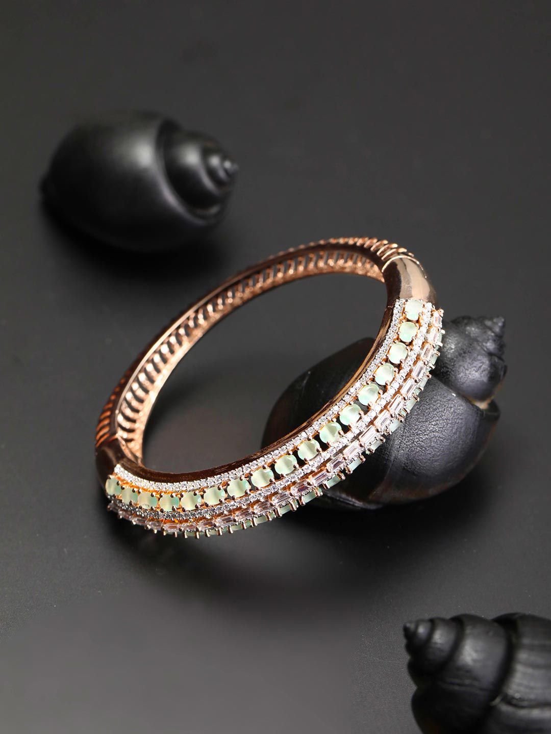 Priyaasi Women Rose Gold & Sea Green American Diamond Handcrafted Bangle-Style Bracelet Price in India