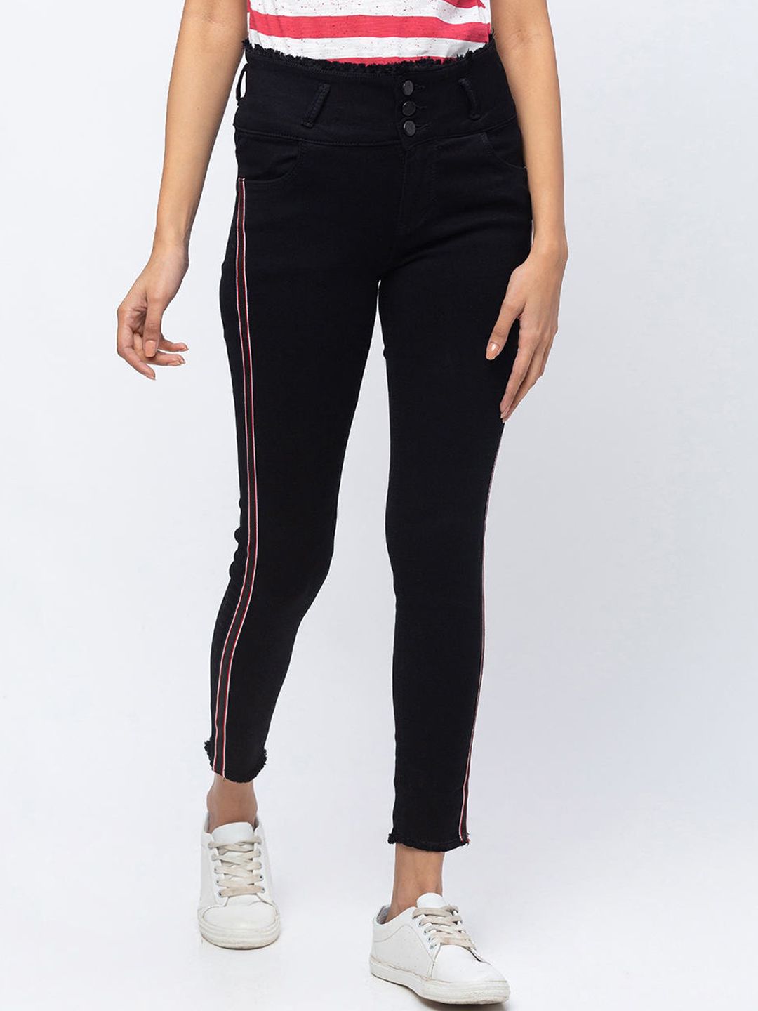 ZOLA Women Black Side striped Frayed Crop Slim Fit Jeans Price in India