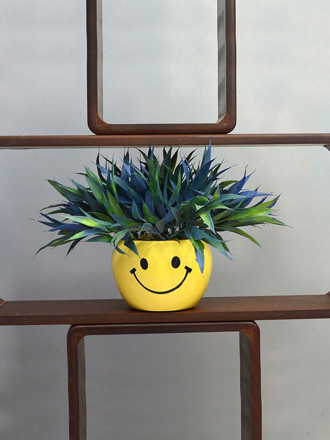 fancy mart Blue & Green Artificial Bamboo Grass Smiley Metal Pot Price in India