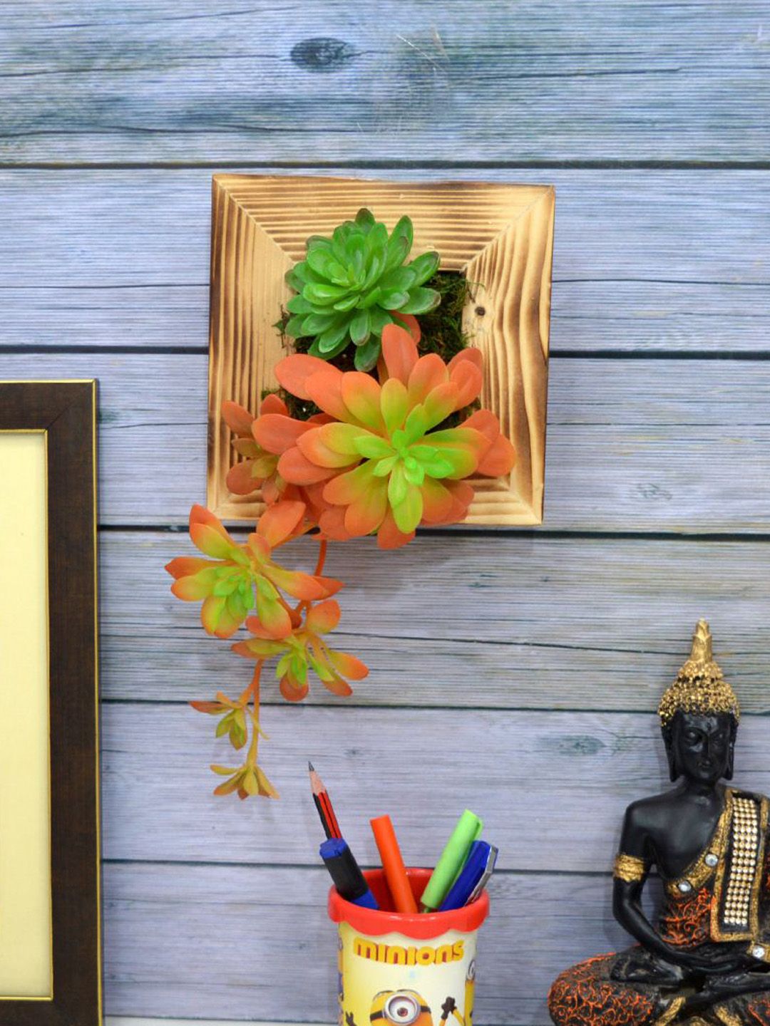 fancy mart Orange & Green Artificial Cactus Succulent Plants Wall Panel Price in India