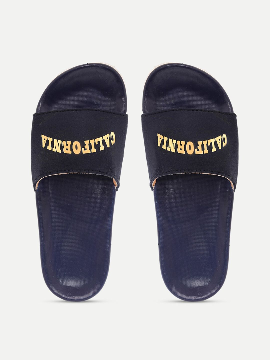 FREECO Women Navy Blue & Gold Printed Sliders Price in India