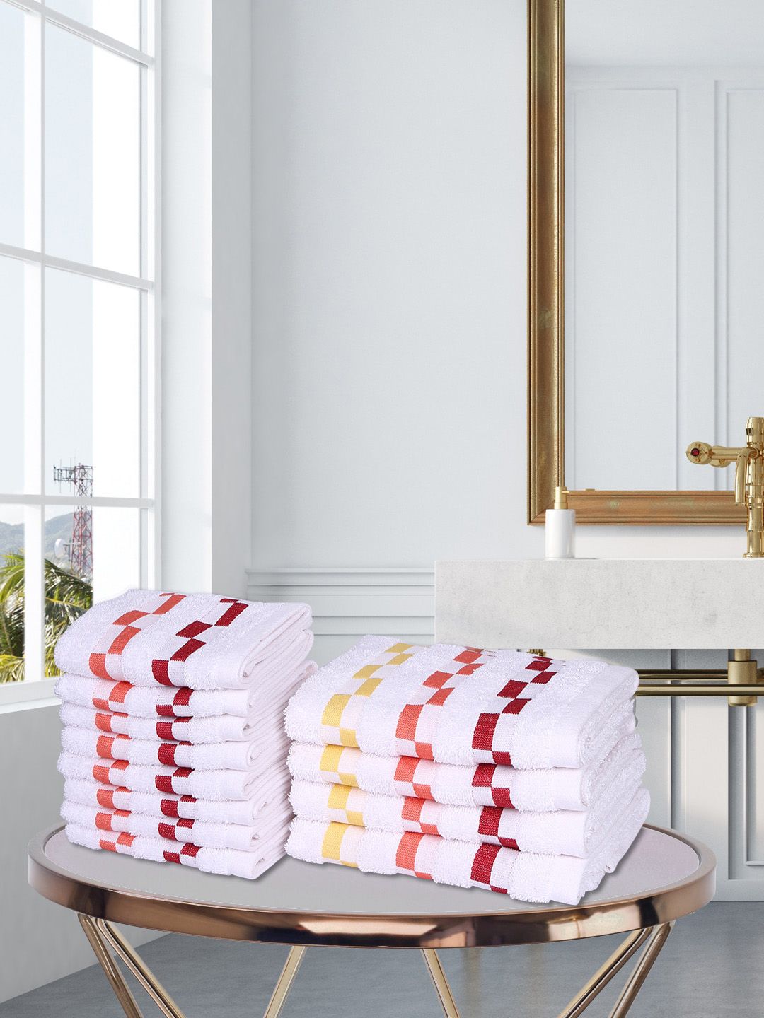 BIANCA Unisex Set of 12 White Striped Cotton Towel Set Price in India