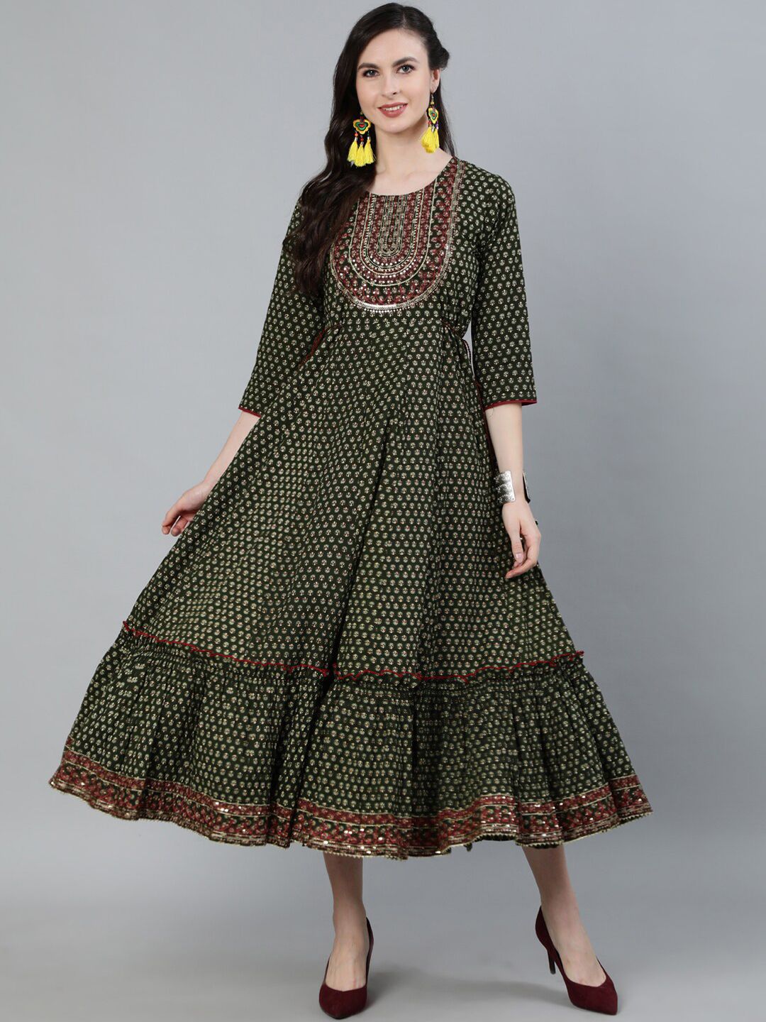 Ishin Green Floral Maxi Midi Dress Price in India
