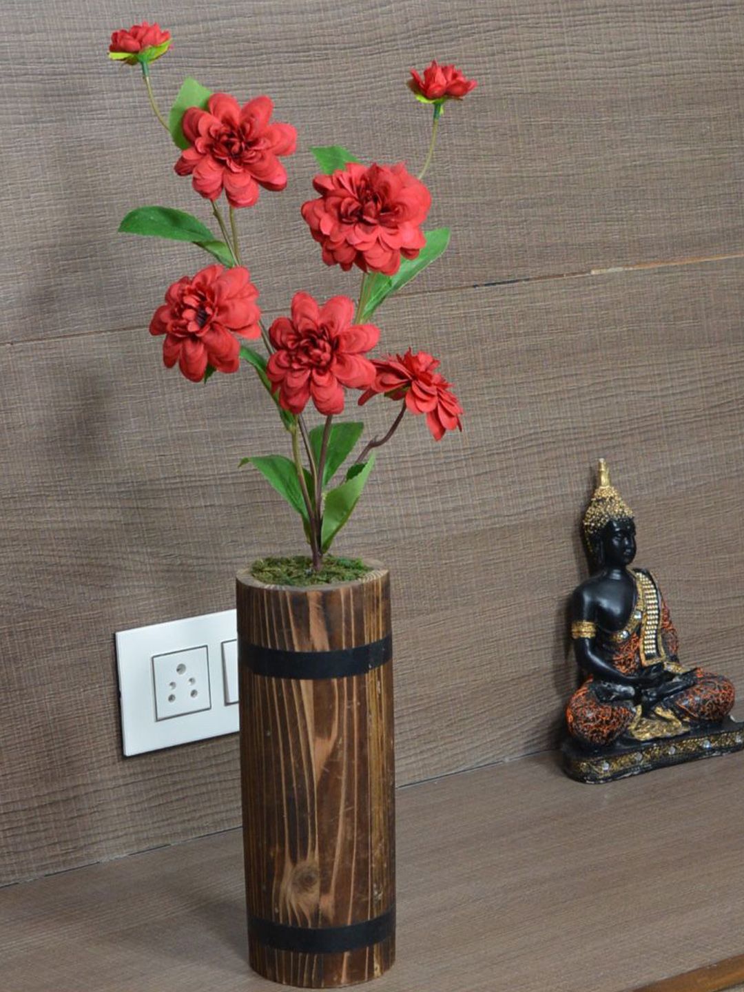 fancy mart Maroon & Green Artificial Camellia Japonica Stick In Wood Long Pot Price in India