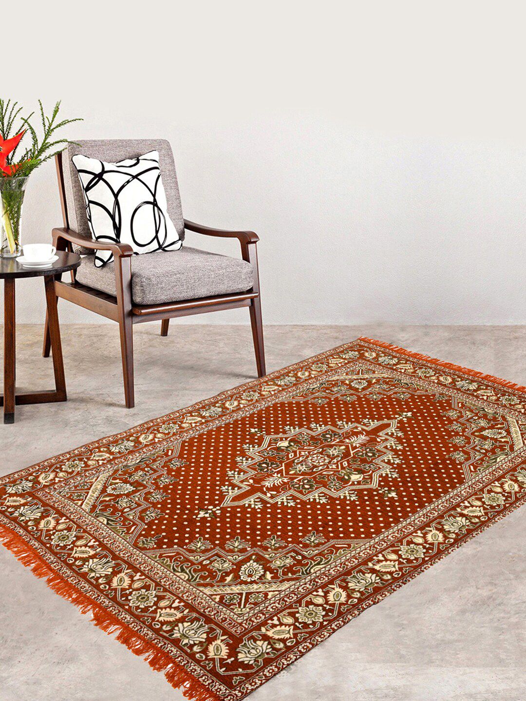 Kuber Industries Orange & Black Printed Super Soft Velvet Traditional Anti-Skid Carpet Price in India