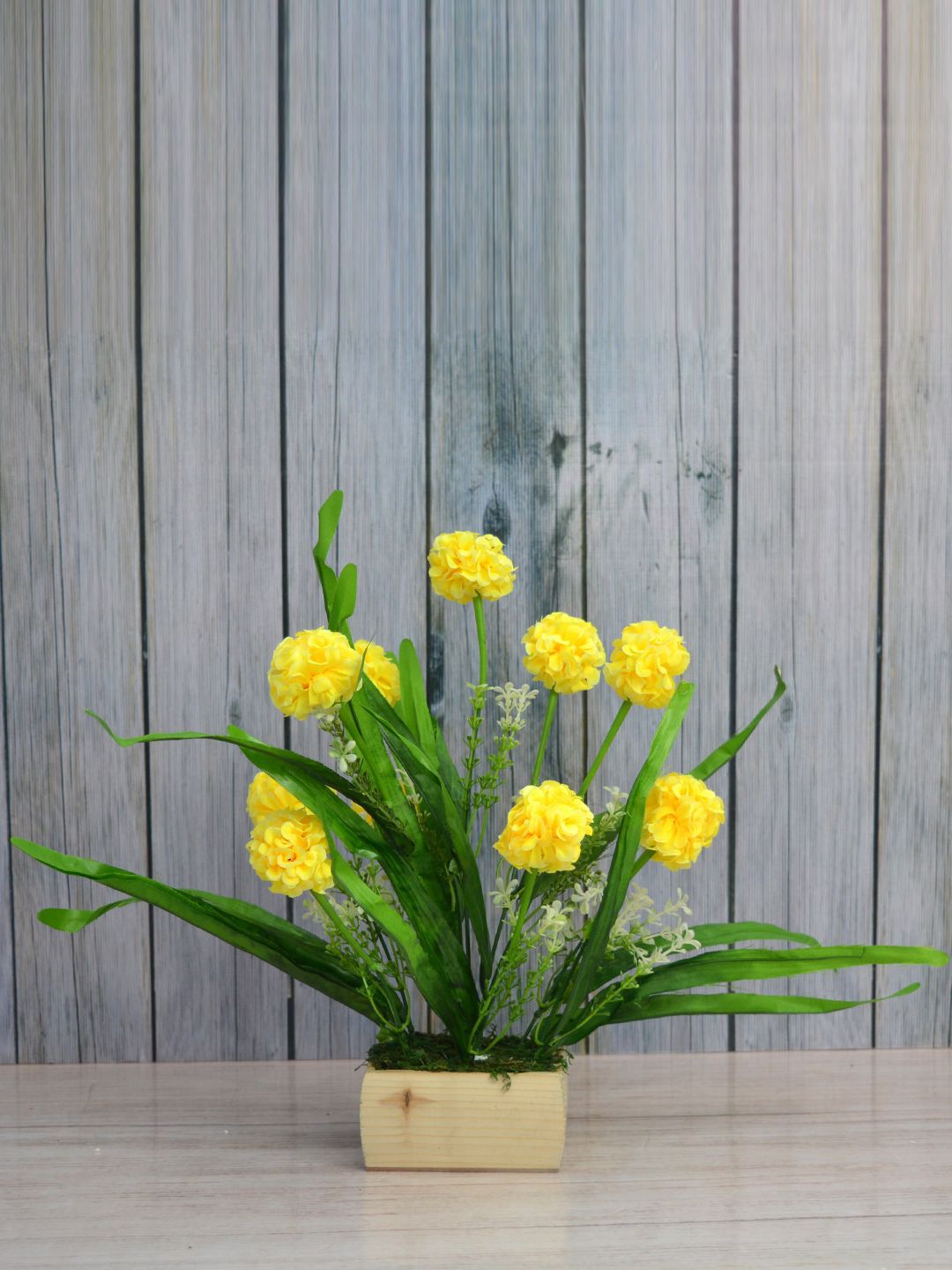 fancy mart Yellow & Green Artificial Delia Round Flower With Beige Square Wood Pot Price in India