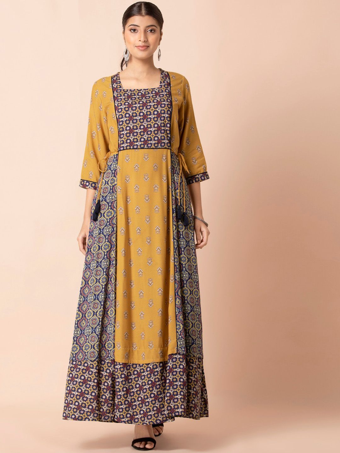 INDYA Mustard Yellow & Navy Blue Printed Tie Up Maxi Tunic Price in India