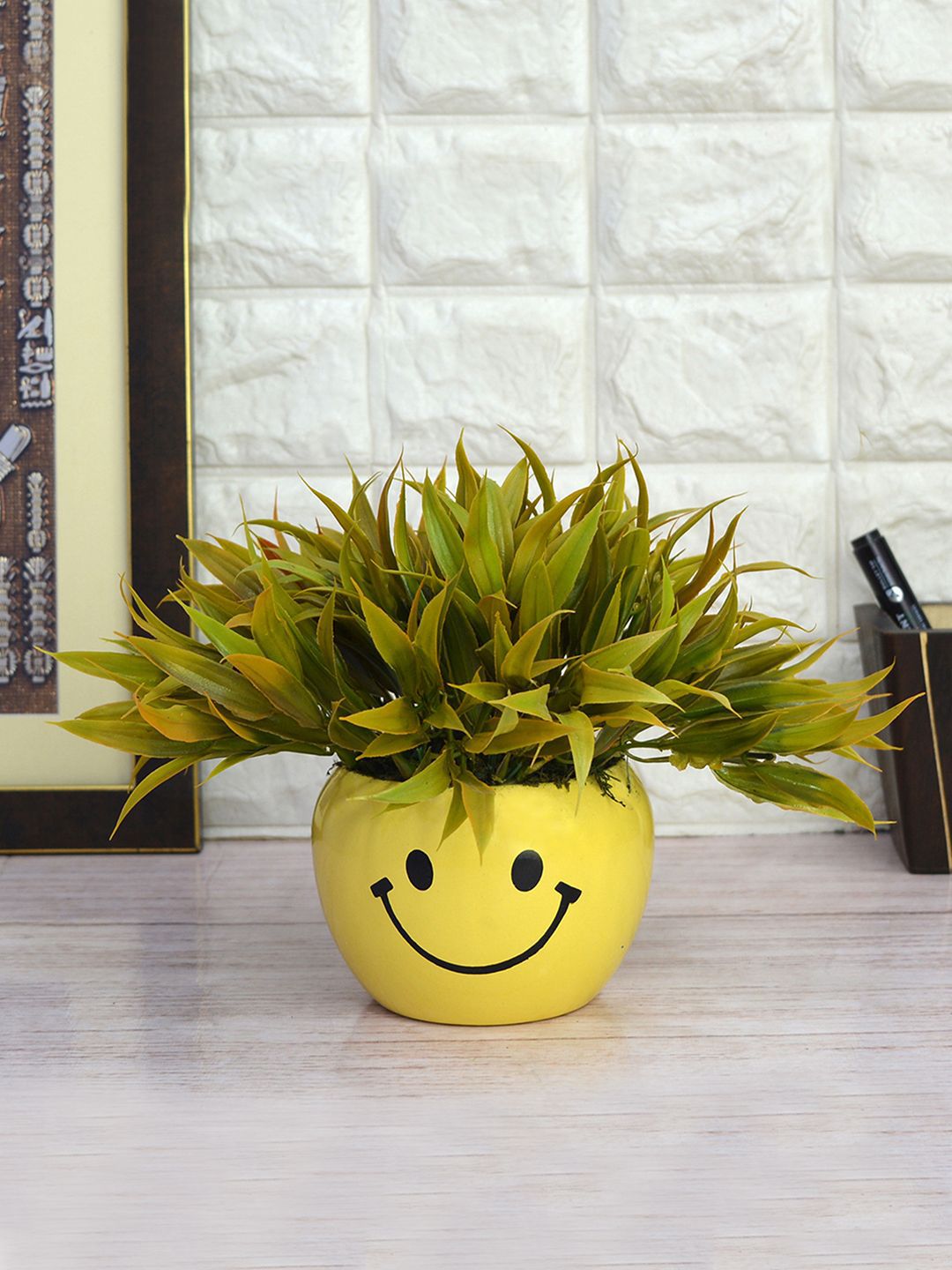 fancy mart Green Artificial Bamboo Grass With Yellow Smiley Metal Pot Price in India