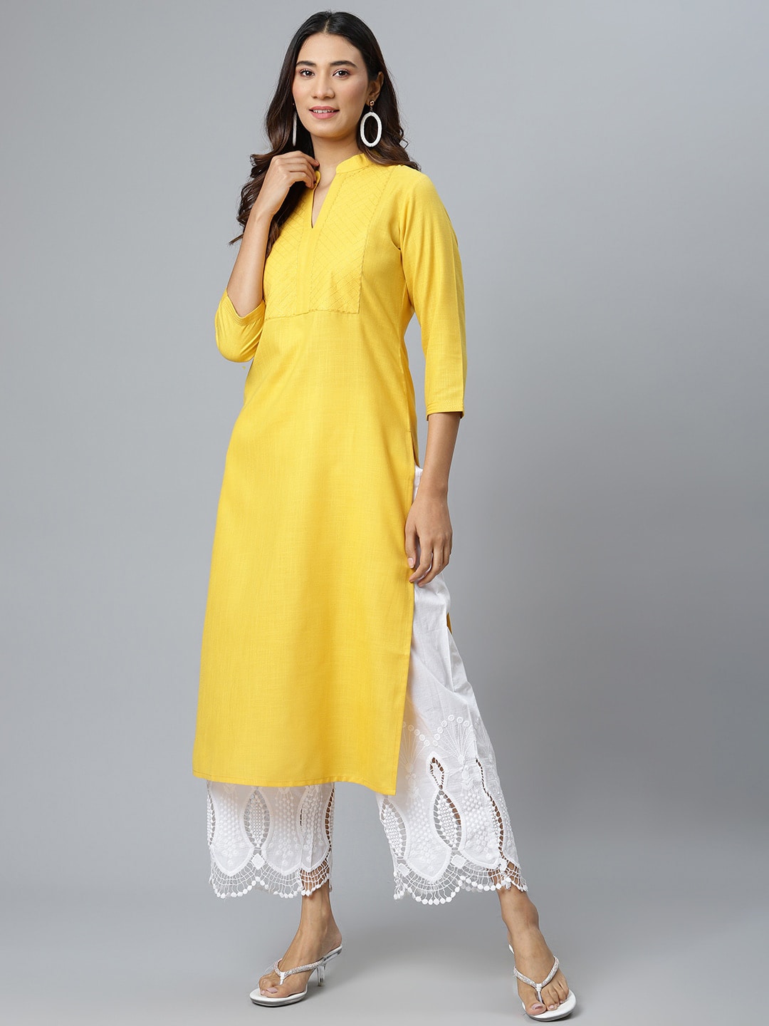 GERUA Women Yellow Yoke Design Thread Work Pure Cotton Straight Kurta Price in India