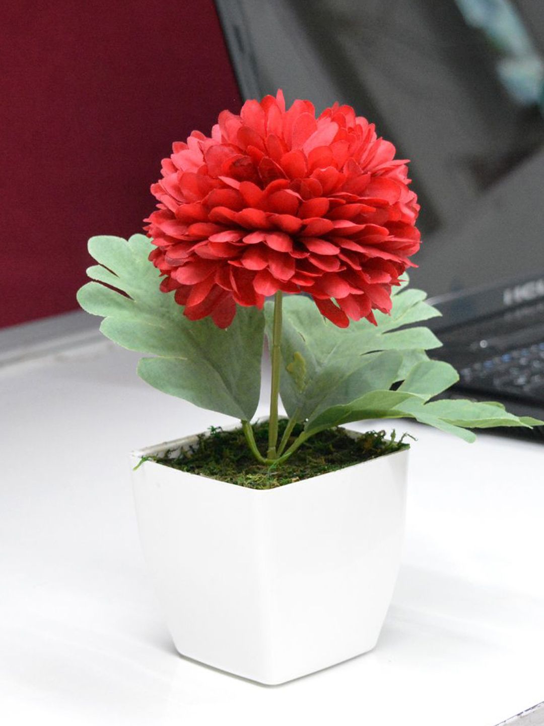 fancy mart Set Of 2 Red & Green Artificial Flower Chrysanthemum In White Pearl Pot Price in India