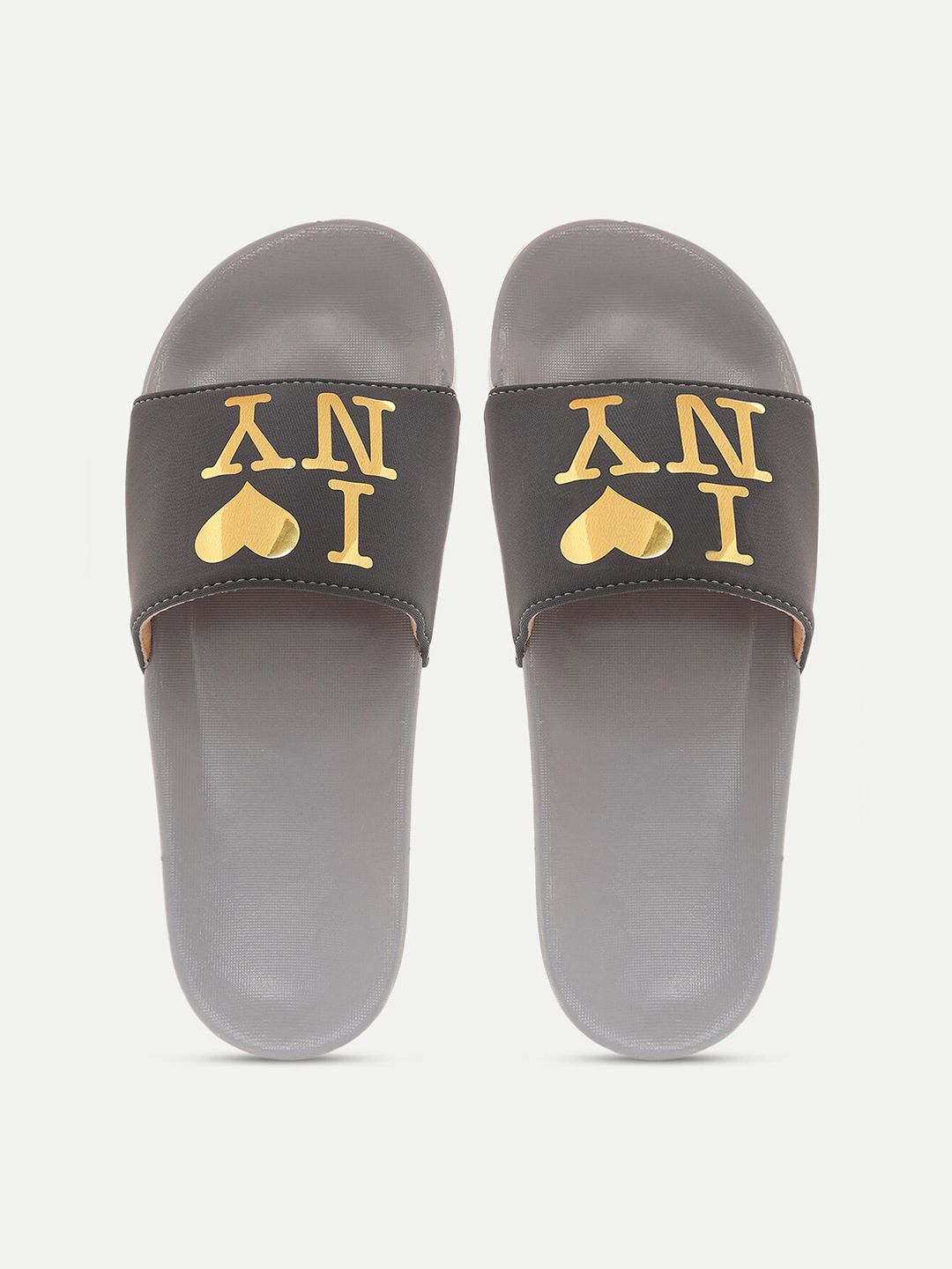 FREECO Women Grey & Gold-Toned Printed Sliders Price in India