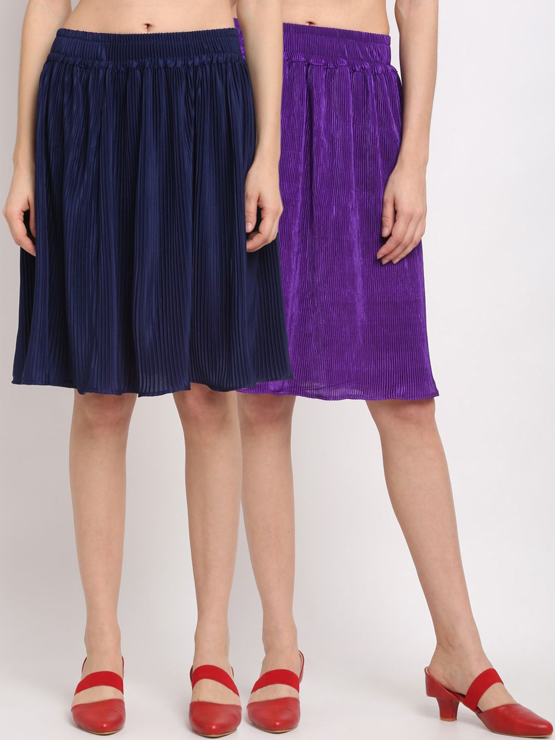 NEUDIS Women Pack Of 2 Navy Blue & Purple Accordion Pleated Flared Knee-Length Skirts