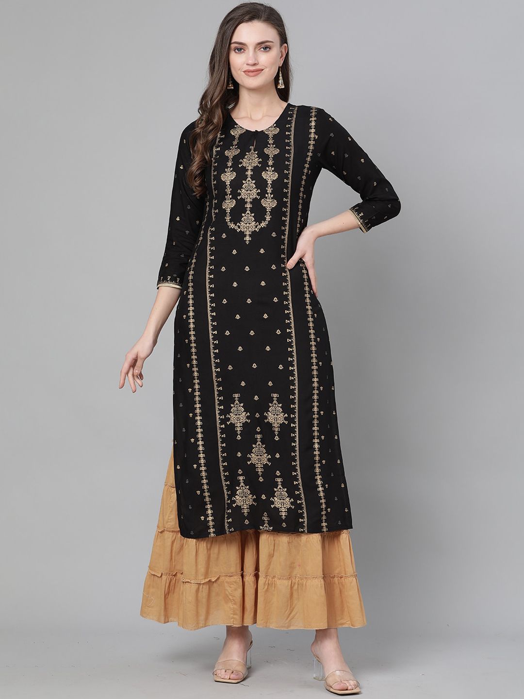 Indo Era Women Black Foil Printed Keyhole Neck Liva Kurta