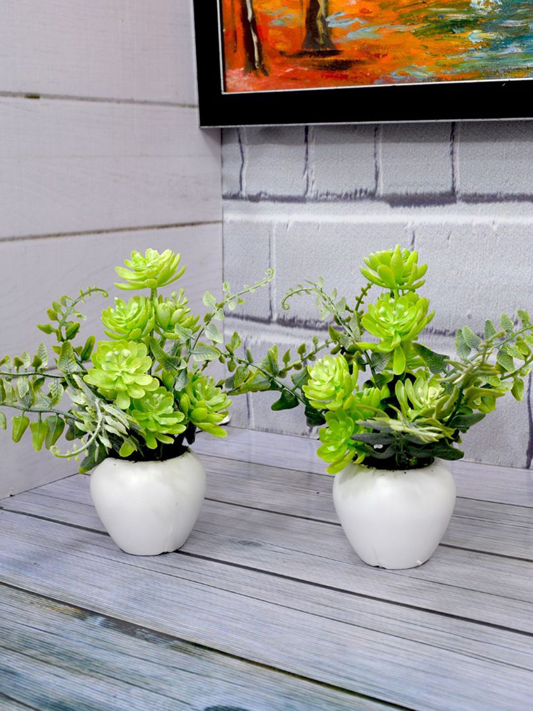 fancy mart Set Of 2 Green & White Artificial Cactus Plants With Apple Pot Price in India