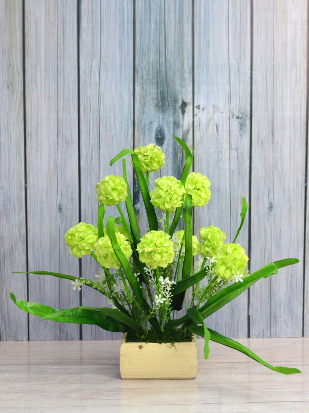 fancy mart Green & Beige Artificial Delia Round Flower in Square Wood Pot Price in India