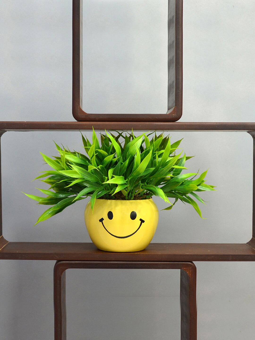 fancy mart Green & Yellow Artificial Bamboo Grass In Smiley Metal Pot Price in India