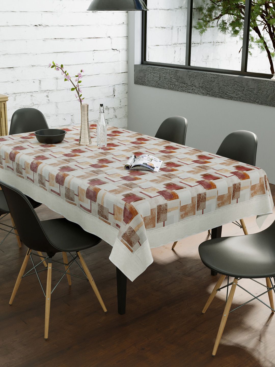 Clasiko Brown & Cream-Coloured Geometric Anti Slip 6 Seater Table Cover Price in India