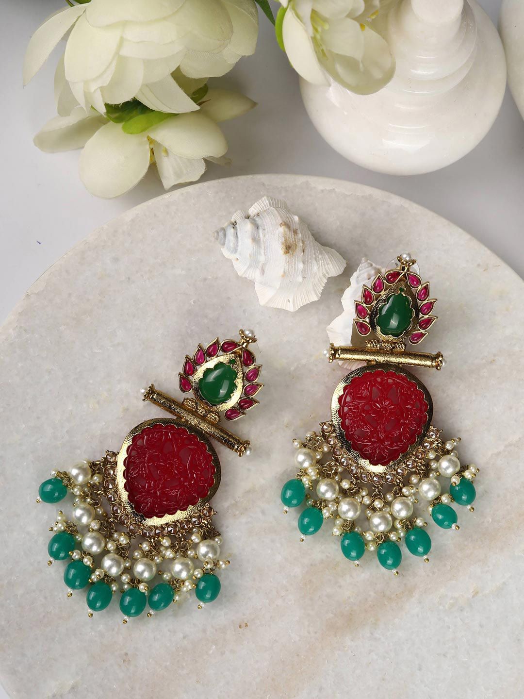Priyaasi Red & Green Contemporary Drop Earrings Price in India