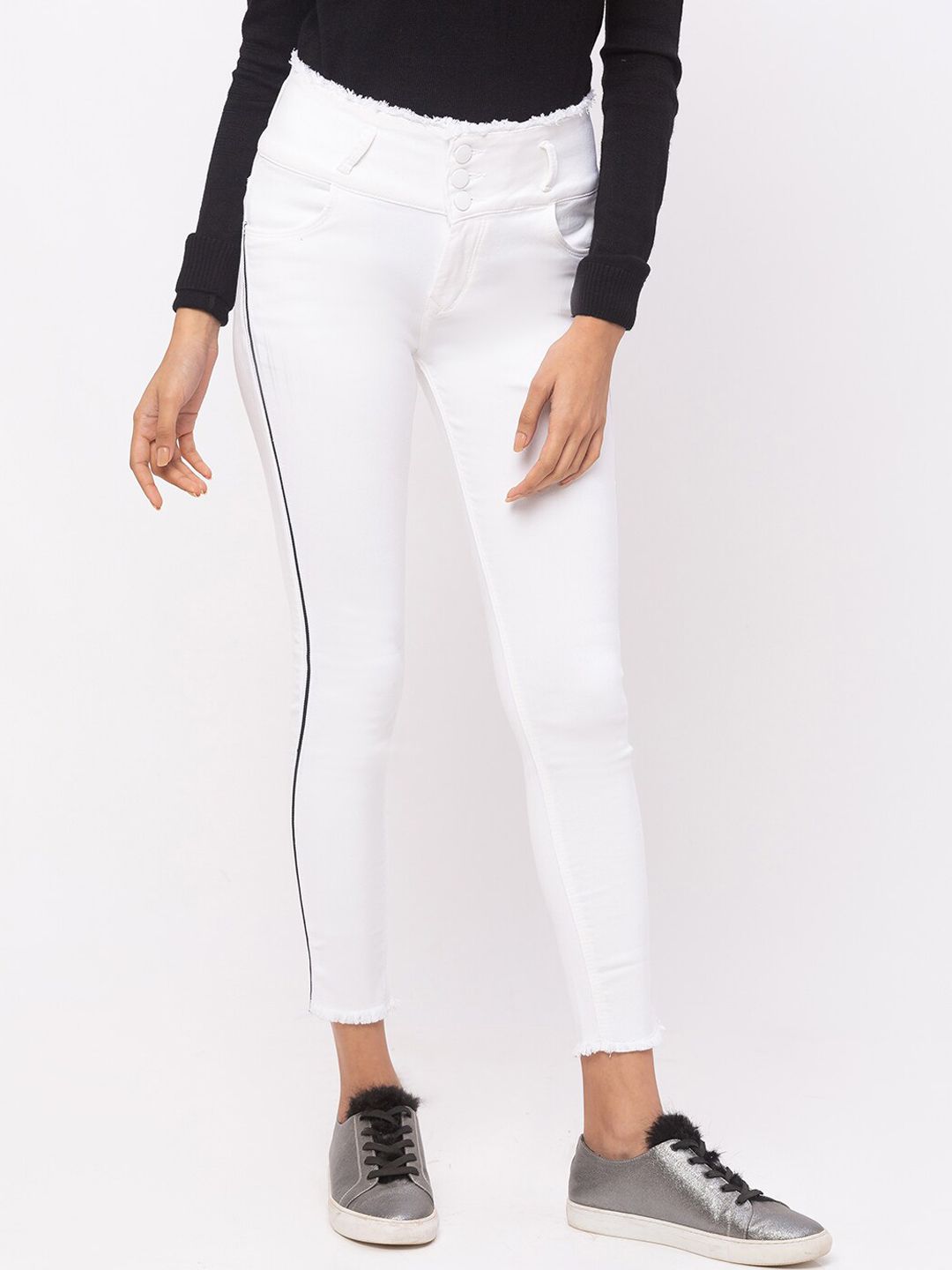 ZOLA Women White Raw Waist Hem Slim Fit High-Rise Calf Length Jeans Price in India