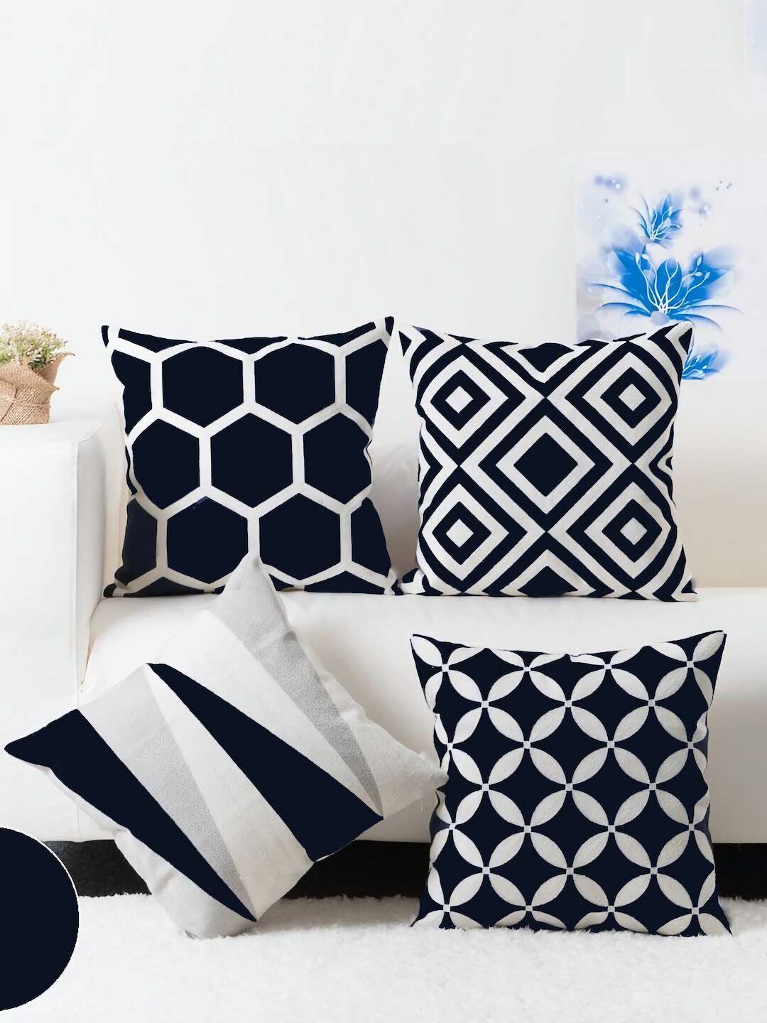 MODERN HOMES Set Of 4 Black & White Geometric Square Cushion Covers Price in India
