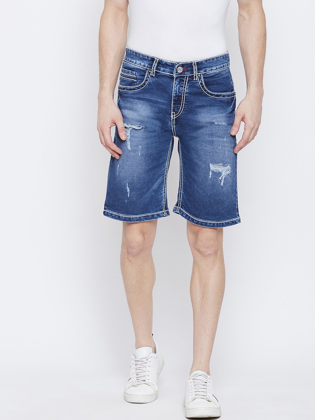 Crimsoune Club Men Blue Washed Slim Fit Mid-Rise Denim Shorts