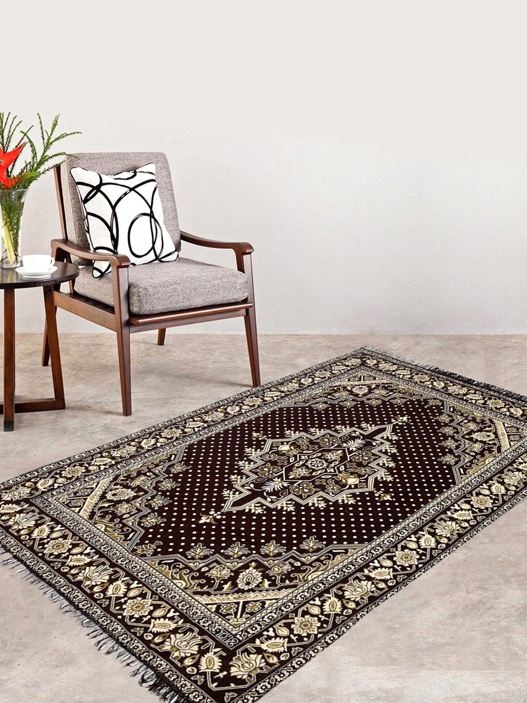 Kuber Industries Brown & Off-White Printed Super Soft Velvet Traditional Anti-Skid Carpet Price in India