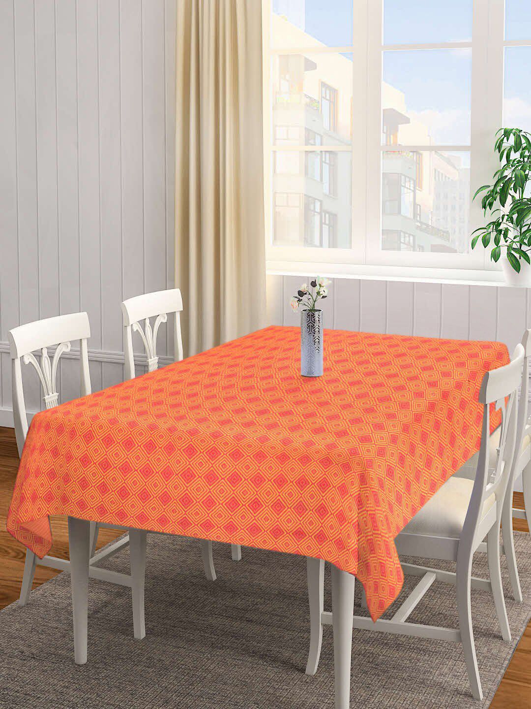 KLOTTHE Orange & Red Woven-Design Cotton 6-Seater Rectangular Table Cover Price in India