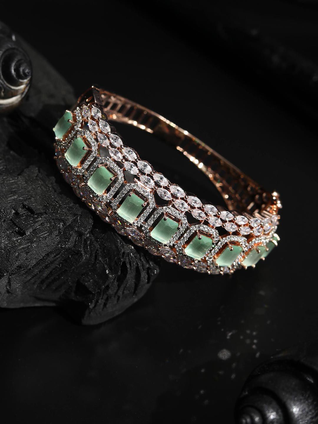 Priyaasi Women Rose Gold & Sea Green American Diamond Handcrafted Bangle-Style Bracelet Price in India