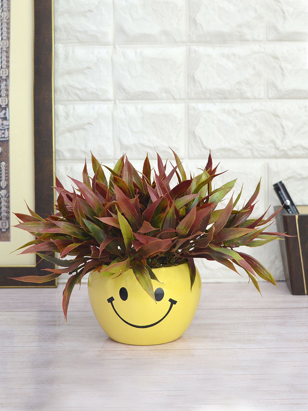 fancy mart Maroon & Yellow Artificial Bamboo Grass In Smiley Metal Pot Price in India