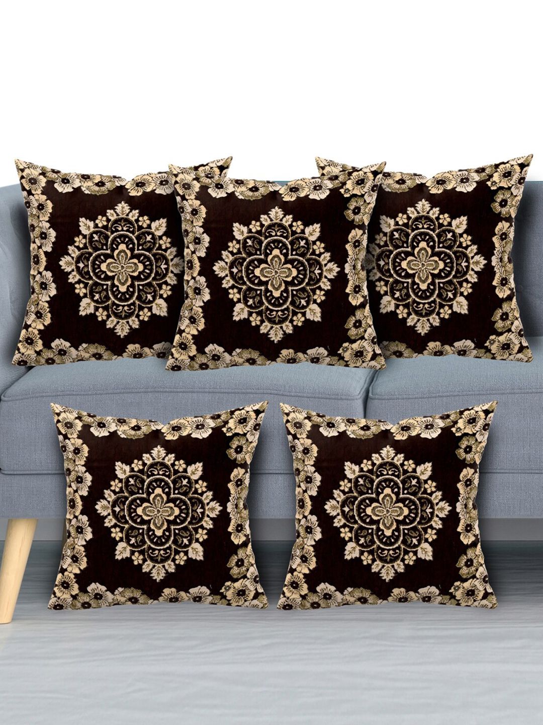 Kuber Industries Brown & Beige Set of 5 Floral Velvet Square Cushion Covers Price in India