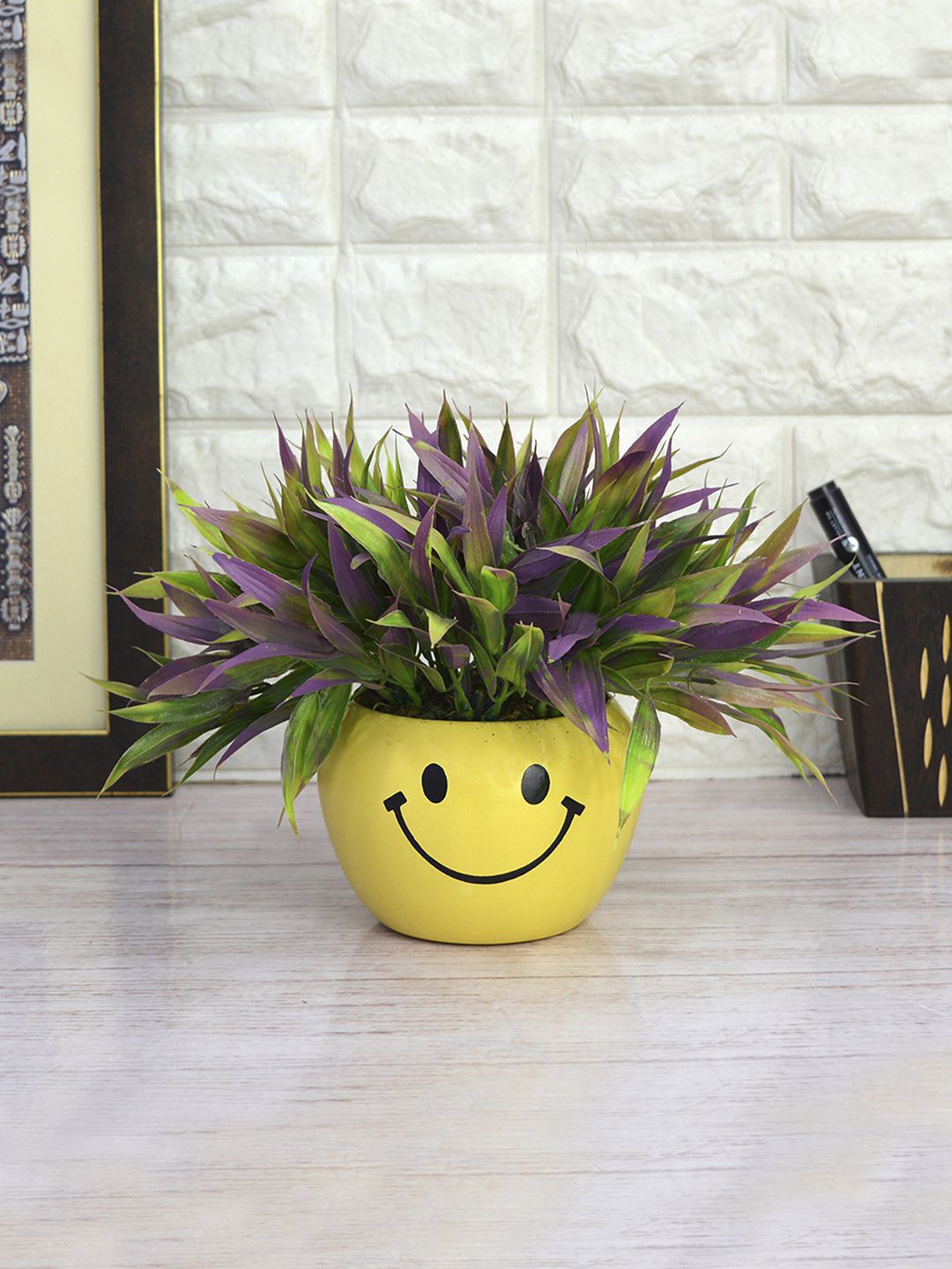 fancy mart Green & Purple Artificial Bamboo Grass With Yellow Smiley Metal Pot Price in India