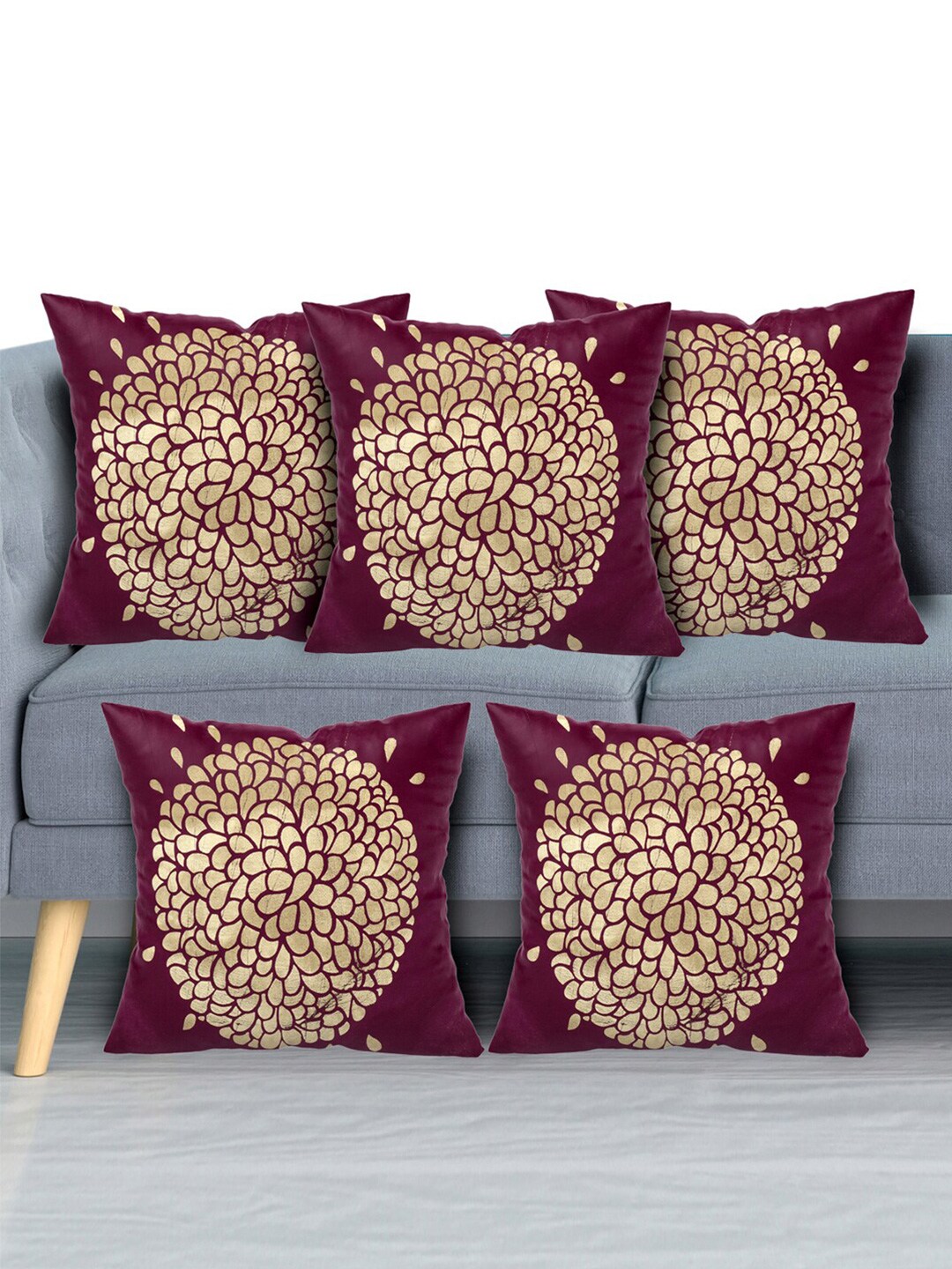 Kuber Industries Set Of 5 Purple & Gold-Toned Floral Velvet Square Cushion Covers Price in India
