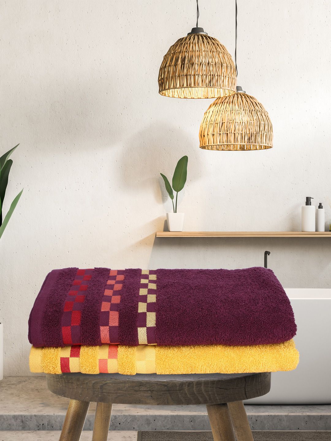 BIANCA Set Of 2 Purple & Yellow Solid 450 GSM Pure Combed Cotton Bath Towels