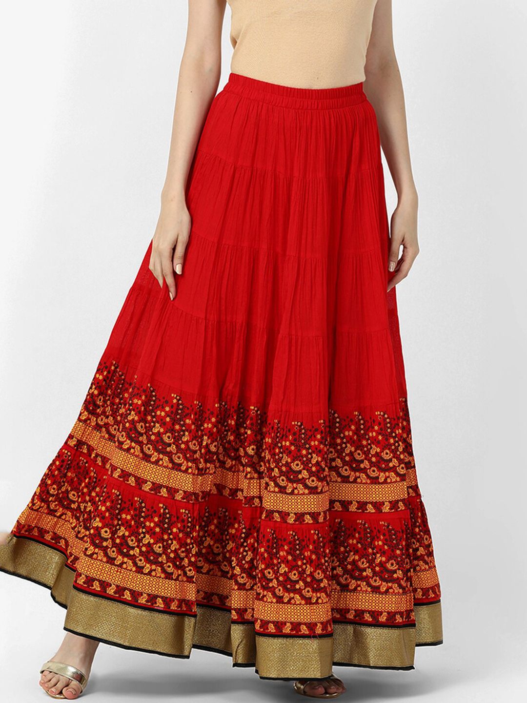 V2 Value & Variety Women Red & Black Printed Pure Cotton Tiered Maxi Skirt