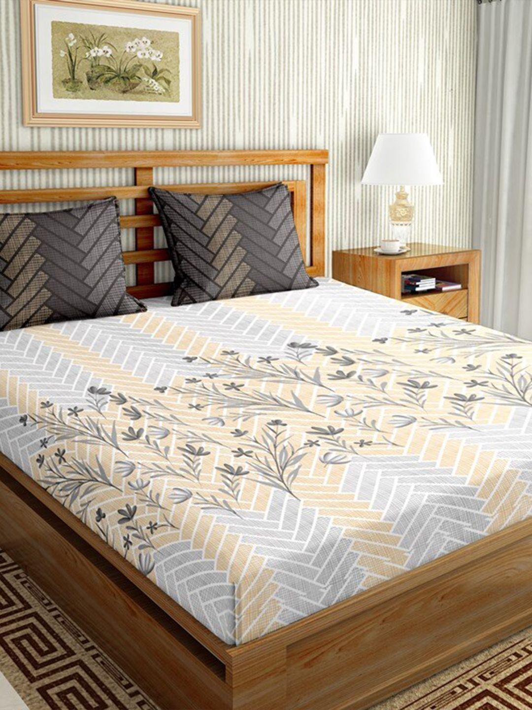 BELLA CASA Grey & Beige Floral 144 TC King Bedsheet with 2 Pillow Covers Price in India