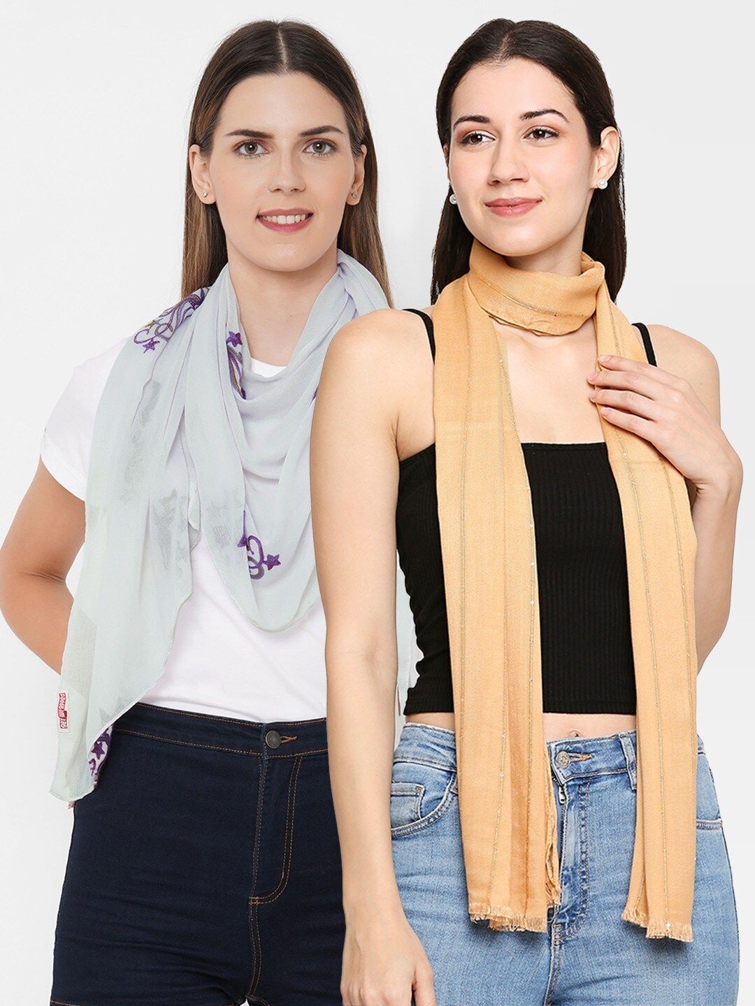 Get Wrapped Women Set of 2 Beige & Grey Solid & Embroidered Scarves Price in India