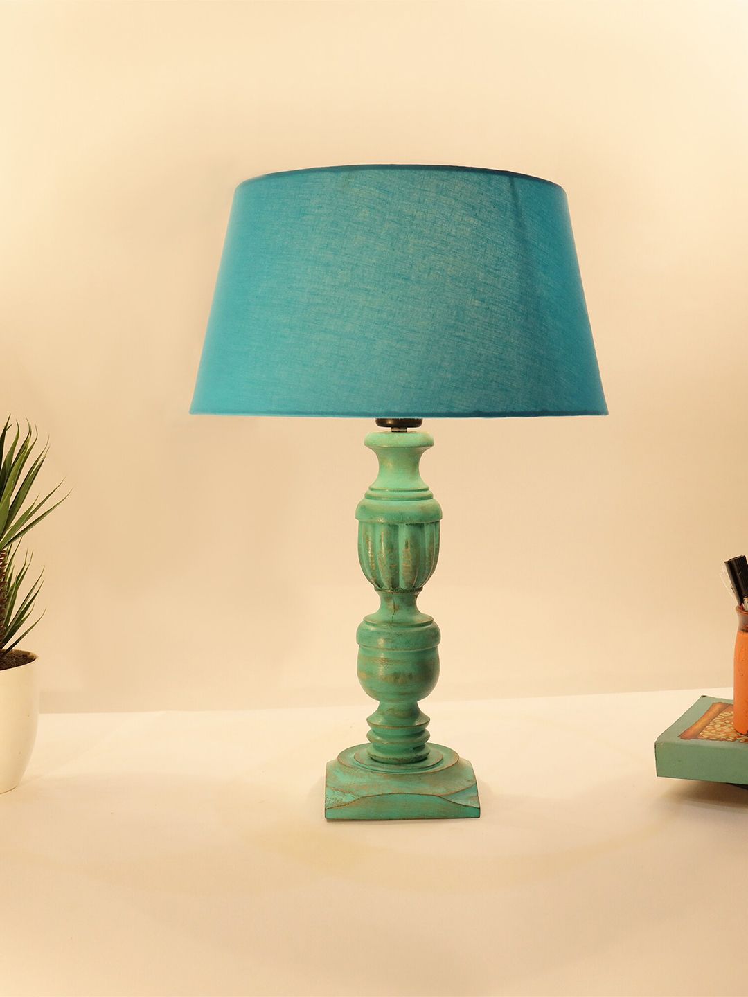 Homesake Turquoise Blue Contemporary Handcrafted Bedside Standard Table Lamp with Shade Price in India