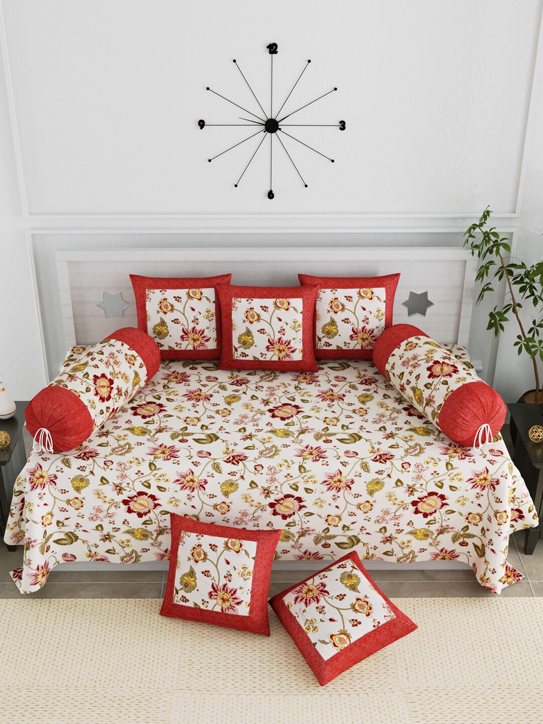 LIVING ROOTS Set Of 8 Cream-Coloured & Pink Floral Printed Pure Cotton Diwan Set Price in India