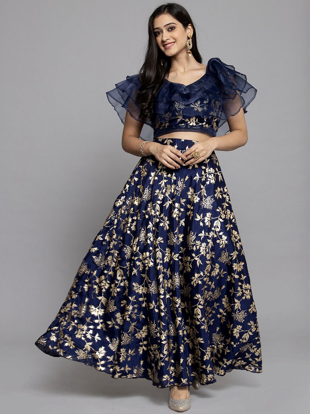 Get Glamr Women Navy Blue & Gold-Toned Foil Print Ready to Wear Lehenga & Blouse Price in India