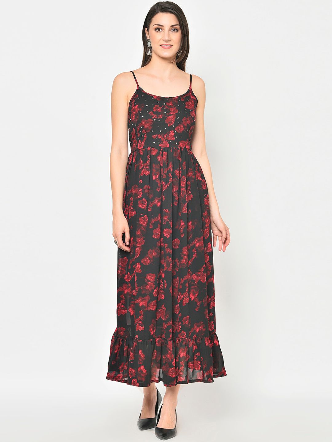 DESI WOMANIYA Black Floral Georgette Maxi Dress Price in India