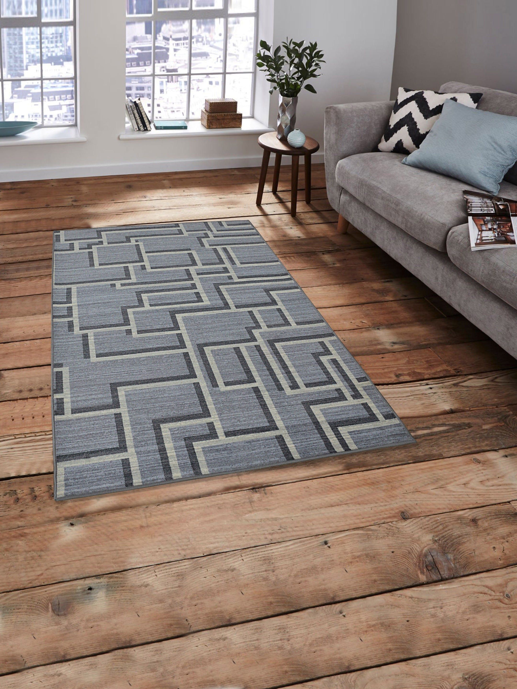 RUGSMITH Grey & Black Geometric Printed Anti-Skid Carpet Price in India