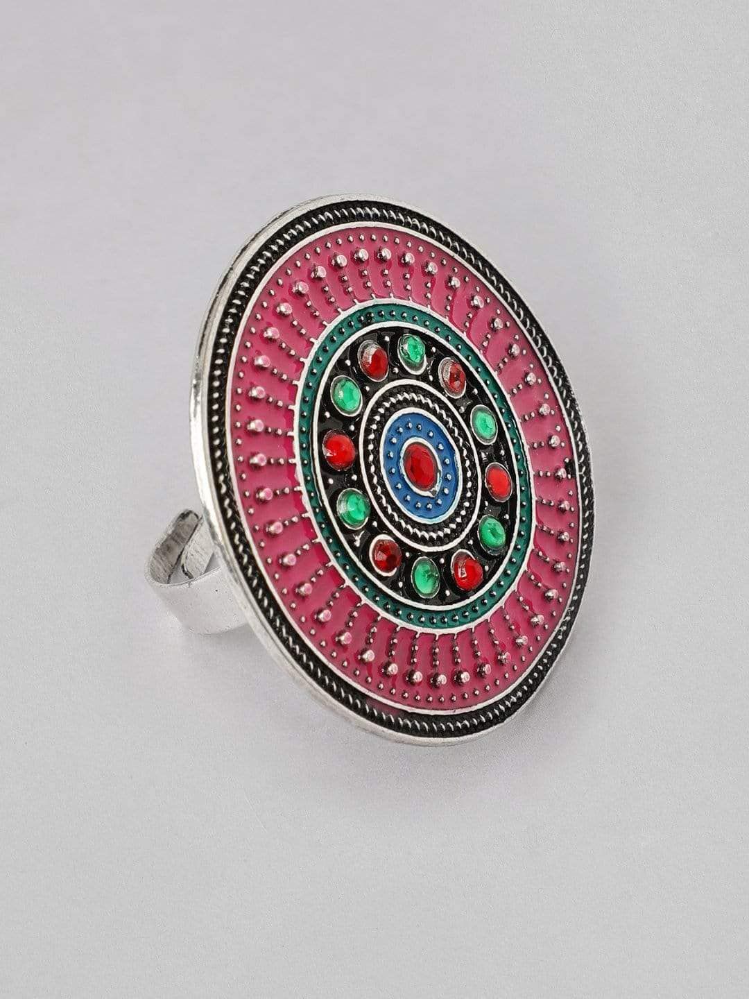 Rubans Oxidized Silver-Plated Red & Green Stone-Studded Handcrafted Enamelled Finger Ring Price in India