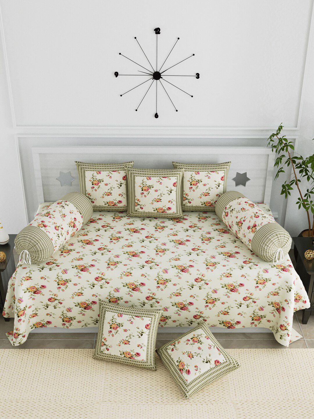 LIVING ROOTS Set Of 8 Beige & Pink Floral Diwan Set With Bolsters & Cushions Price in India